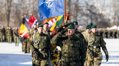 Brigadier General Christoph Huber attends a public ceremony to mark the expansion of Germany's Lithuania military commitment on February 4, 2026 in Kaunas, Lithuania. Germany leads a multi-national, NATO contingent in Lithuania with its Lithuania Armoured Brigade 45. The unit was recently expanded to include two additional armoured infantry battalions. Germany is building a new military base in southeastern Lithuania that will accommodate up to 5,000 personnel.