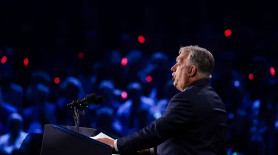  Hungarian Prime Minister Viktor Orban delivers remarks at a Day of Friendship event with U.S. Vice President JD Vance (not pictured) at MTK Sportpark on April 7, 2026 in Budapest.
