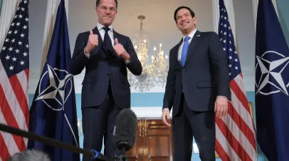 WASHINGTON, DC - APRIL 08: NATO Secretary General Mark Rutte (L) flashes a double thumbs-up during a photo opportunity with U.S. Secretary of State Marco Rubio in the Treaty Room at the State Department's Harry S. Truman headquarters building on April 08, 2026 in Washington, DC. Neither man took questions from the press before their closed door meeting.