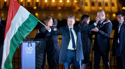 BUDAPEST, HUNGARY - APRIL 12: Peter Magyar (C), lead candidate of the Tisza party, speaks to supporters after polling stations closed during Hungarian parliamentary elections on April 12, 2026 in Budapest, Hungary. Magyar, who has gone into the election with a substantial lead in polls, is seeking to unseat Prime Minister Viktor Orban