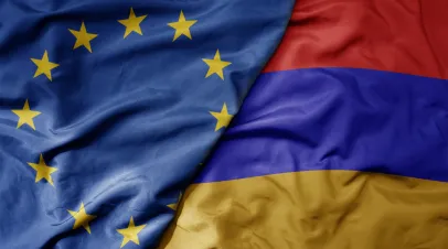 big waving realistic national colorful flag of European Union and national flag of Armenia.