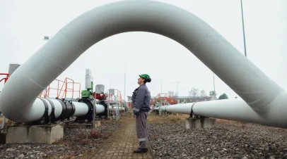 A worker carries out maintenance tasks at the Eustream gas facility on February 25, 2025 in Velke Kapusany, Slovakia. 