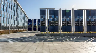 APRIL 04: Banners with the NATO logo are seen outside the NATO headquarters building during the second day of the NATO Foreign Affairs Ministers' meeting on April 04, 2025 in Brussels, Belgium. NATO Foreign Ministers are gathering in Brussels for a two-day summit to discuss security priorities, including defense investment and solutions to reaching a lasting peace for Russia's war in Ukraine. The summit comes amid fresh tensions between the US and NATO allies over the policies of US President Donald Trump