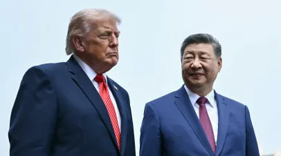 China's President Xi Jinping (R) and US President Donald Trump visit the Temple of Heaven on May 14, 2026 in Beijing, China.
