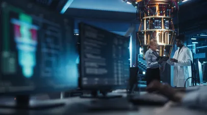 Engineers Collaborating on Quantum Computer Development, Analyzing Data on Advanced AI Software in a Research Center. Diverse Team Focusing on Innovation and Technology Breakthroughs