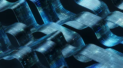 Digitally generated image of an intricate, abstract design featuring several interconnected, ribbon-like structures that appear to flow in a fluid, wave-like pattern. These ribbons are illuminated with a digital blue and green color scheme, with countless tiny, glowing elements resembling data streams or circuit boards. Artificial intelligence, machine learning or digital trans