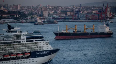  A ship navigates the Bosphorus Strait past a cruise ship on May 03, 2025 in Istanbul, Turkey. 