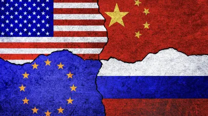 Flags of USA, Russia, EU and China on a wal