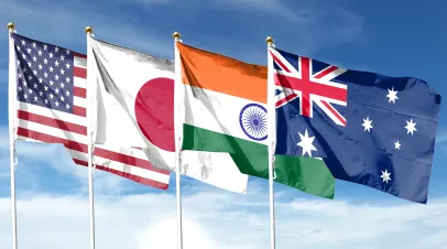 The American and Japanese flags are textured as are the Australian and Indian flags. Concept map depicting the dialogue between the leaders of the four countries. Double exposure hologram.