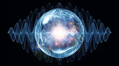 Wave Particle series. Backdrop of fractal spherical patterns and conceptual elements on the subject of science, technology, spirituality and design