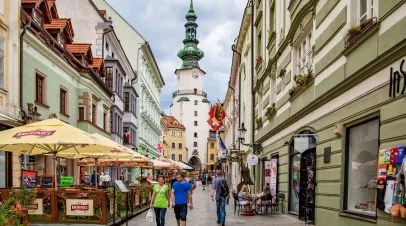 Bratislava, Slovakia - June 25, 2014: Shopping street with a lot of cafes by Michael's Tower (Michalska Brana) in Bratislava