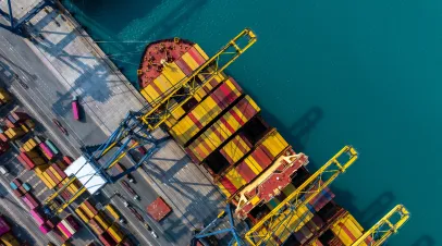 Aerial view Container cargo ship loading unloading container import export sea port, Global trade business container cargo ship freight shipping commercial trade logistic transportation international.
