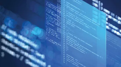 Abstract isometric 3D technology code background Floating digital screens, data flow and programming interface. Futuristic software development, AI, network, cybersecurity and web application concept.