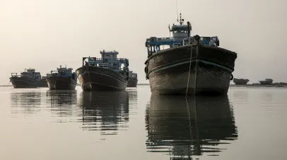 Fishing boats sit idle on May 17, 2026 along the Strait of Hormuz in, on Qeshm Island, Iran.
