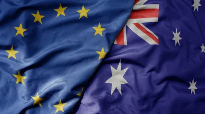 big waving realistic national colorful flag of european union and national flag of australia.