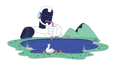 AI environmental footprint 2D illustration concept. Ecological impact. Resource depletion. Artificial intelligence sips straw from pond cartoon character isolated on white. Flat vector metaphor