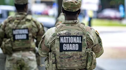 5.24.2026. Washington DC. USA. National Guard. Military group in uniform. Military patrol on street. Military gear and body armor. Military presence in city.