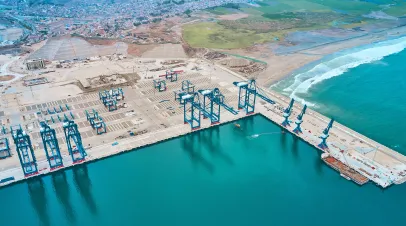 Chancay seaport. Located in Peru, Mega port under construction, future maritime hub of South America. Chancay Lima, Peru.