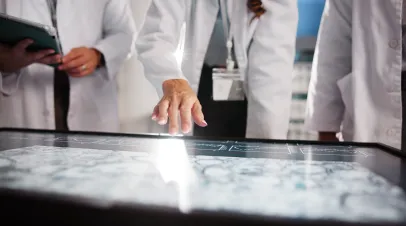 Scientist, people and hands with screen for research review