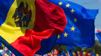 Assembly of the European Moldova. National meeting of the Moldavian people. Flag of the European Union and Republic of Moldova. Chisinau, Moldova - 21 May 2023.