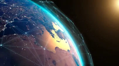 Pan left view of digital connections among artificial satellites emerging on orbit of planet Earth in space