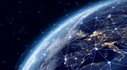Western Europe global network connectivity, big data transfer, cyber technology, network information exchange and telecommunication. Earth planet in space. Elements of this image furnished by NASA.