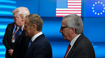 US President Donald Trump meets with EU Commission President Jean-Claude Juncker and Donald Tusk President of the European Council at the European Council building