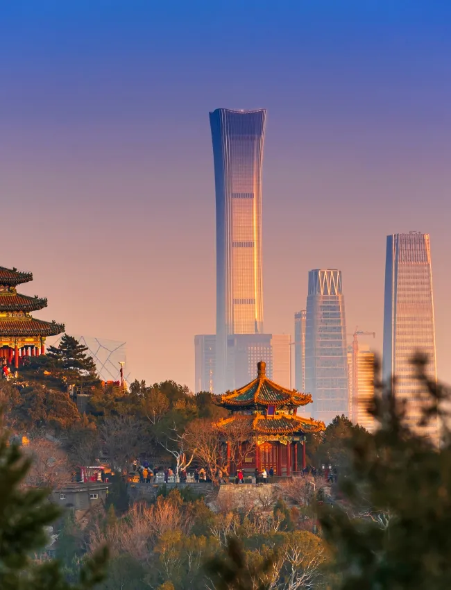 Beijing, China - Sunset Beijing cityscape between ancient Chinese architecture.