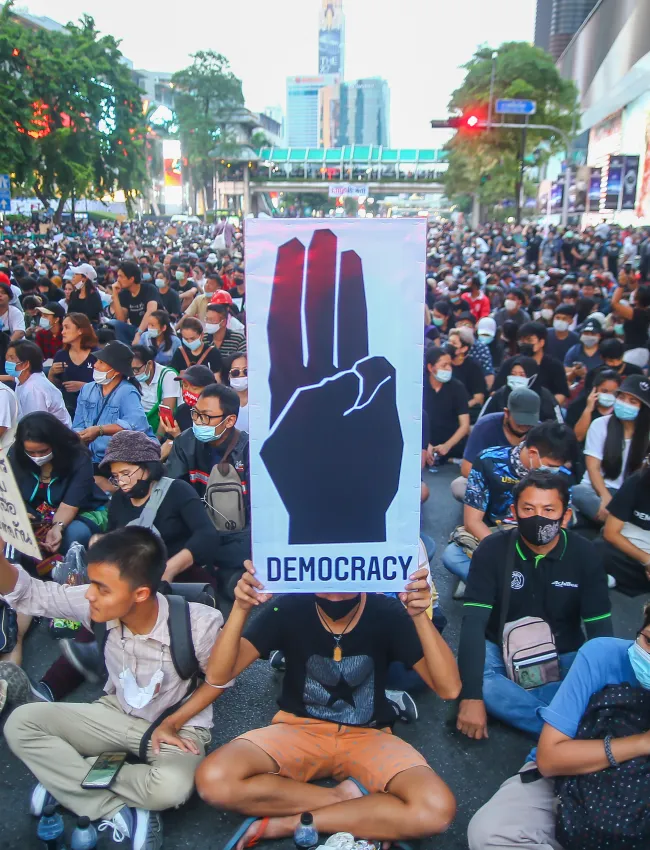 Bangkok, Thailand - Tens of thousands of pro democracy people gather on Ratchapason Road to address various social problems, including government work problems, and criticize the monarch.