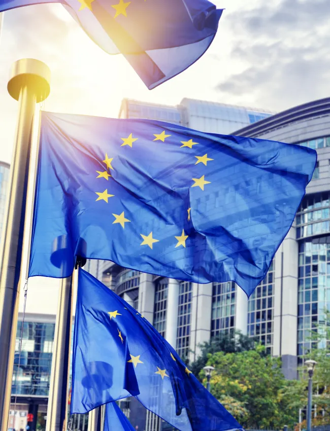 EU flags waving in front of European Parliament building. Brussels, Belgium