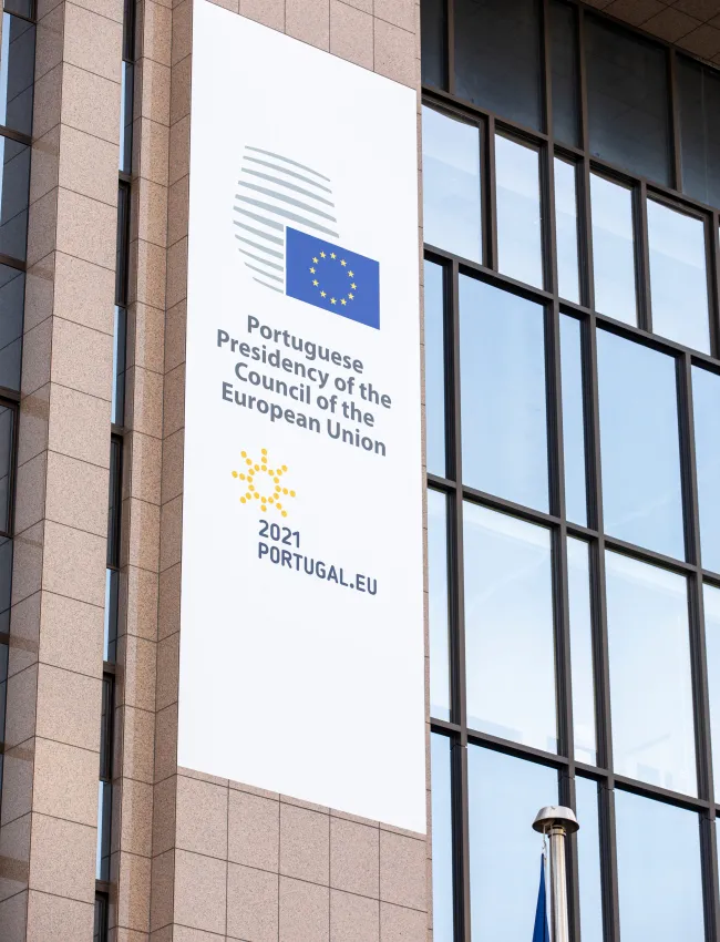 European flags fluttering in the wind in front of the European Council 