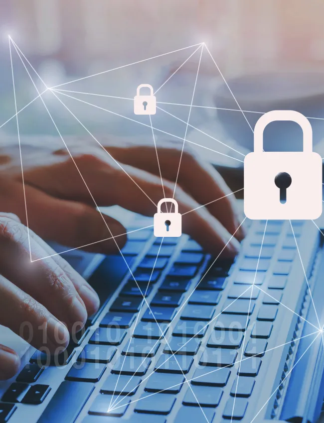 Disinformation person typing on laptop with locks and connectivity lines