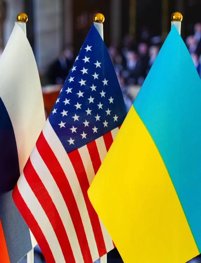 US, Ukraine, Russia Flags