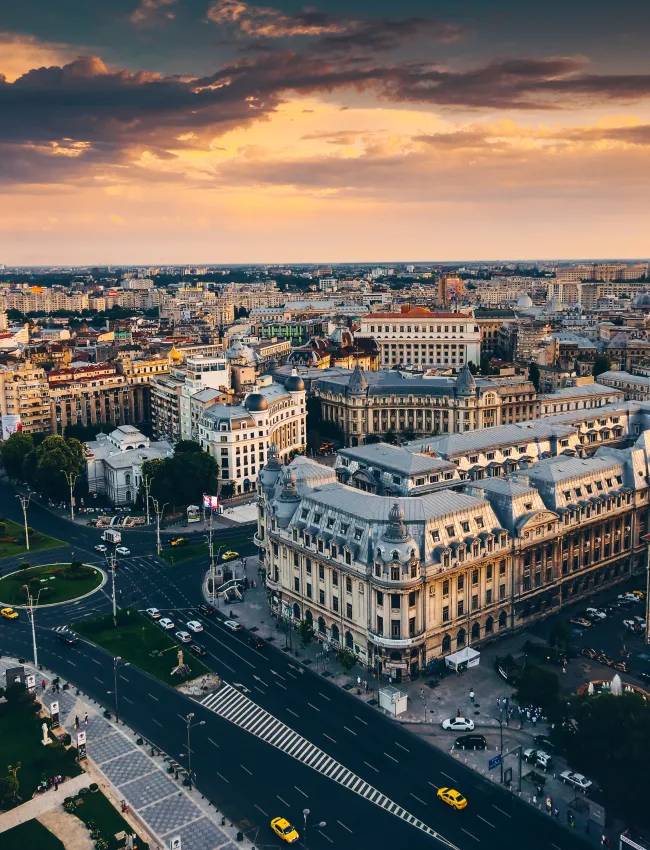 Bucharest view from above during summer sunrise