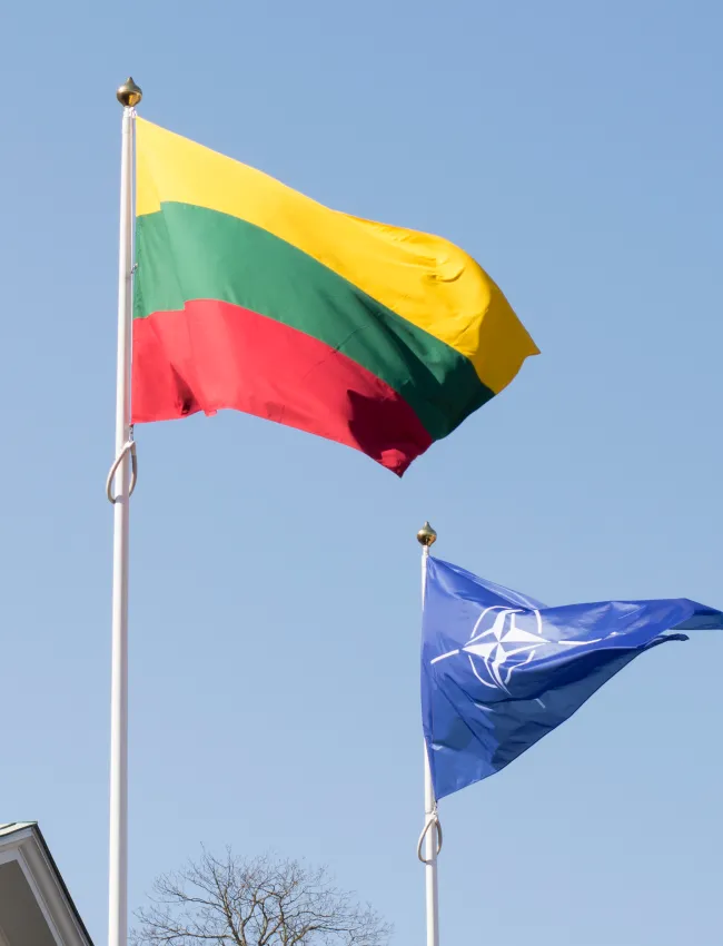 Lithuanian national flag and NATO flag together during the celebration of Lithuania's joining NATO 15 years anniversary