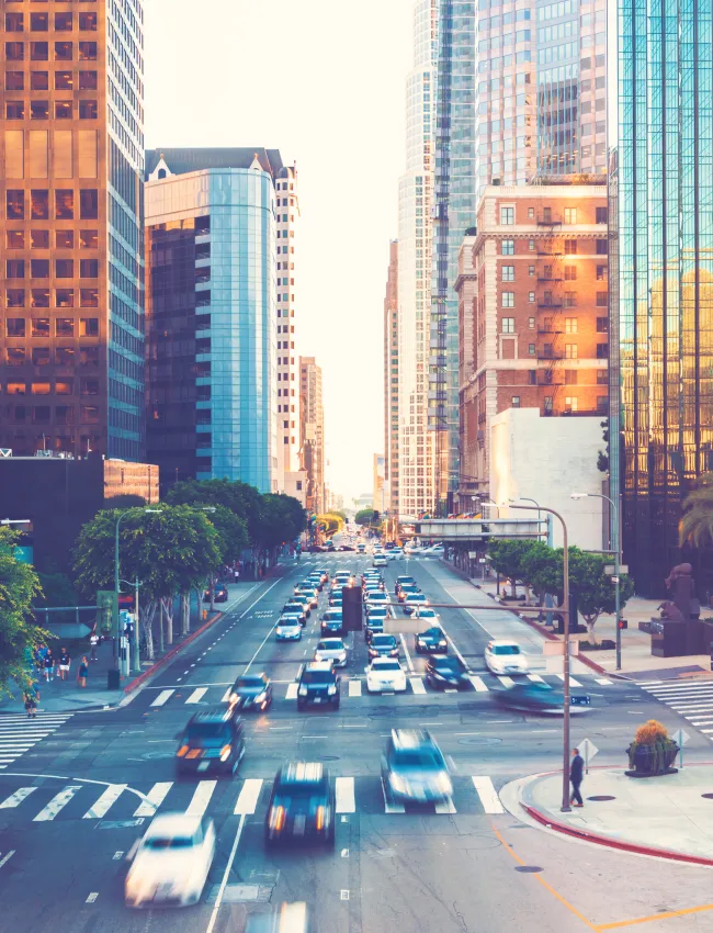 View of Los Angeles rush hour traffic in Downtown LA