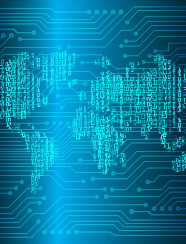 Map of the world in binary code with a teal color scheme