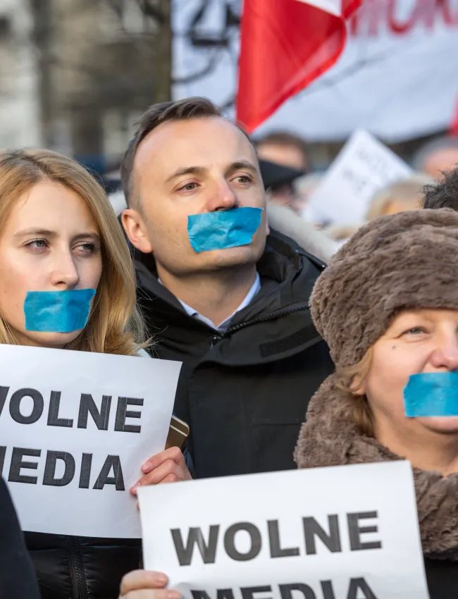 - The demonstration of the Committee of the Defense of the Democracy KOD for free media /wolne media/ and democracy against PIS government. Krakow, Poland