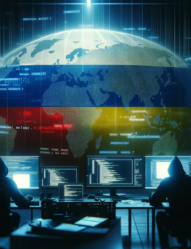 Photo Credit: OpenAI's DALL·E the Russian cyber war against Ukraine. Each one portrays a dark, digital landscape in a wide format, suitable for different types of displays or publications