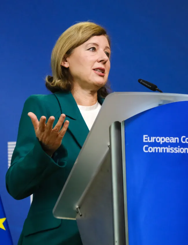 EU Commissioner Vera Jourova hosts a press conference on major online platforms' reports on their obligations under the Code of Conduct on Information, in Brussels, Belgium, September 26, 2023.