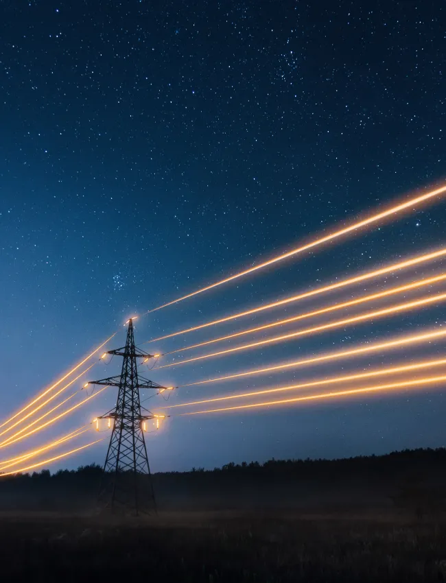 Electricity transmission towers with orange glowing wires the starry night sky. Energy infrastructure concept.