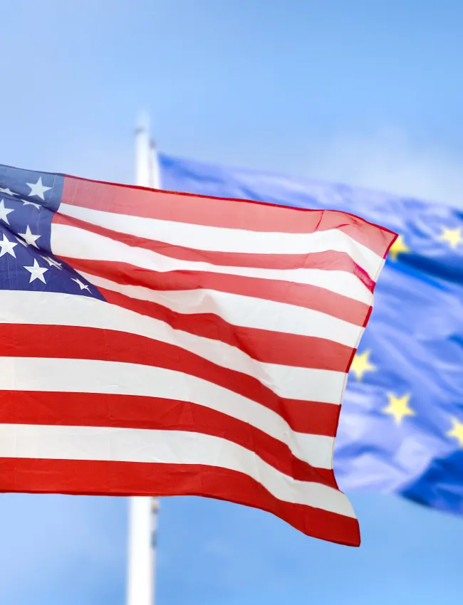 Flag USA and Europe isolated on sky background