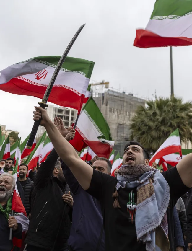 Iranians protest against attacks on Iran by Israel and the United States on February 28, 2026 in Tehran, Iran. Iran launched a wave of missiles at Israel and regional U.S. military sites in response to today's attacks, in which the U.S. and Israel struck a series of locations across the country.