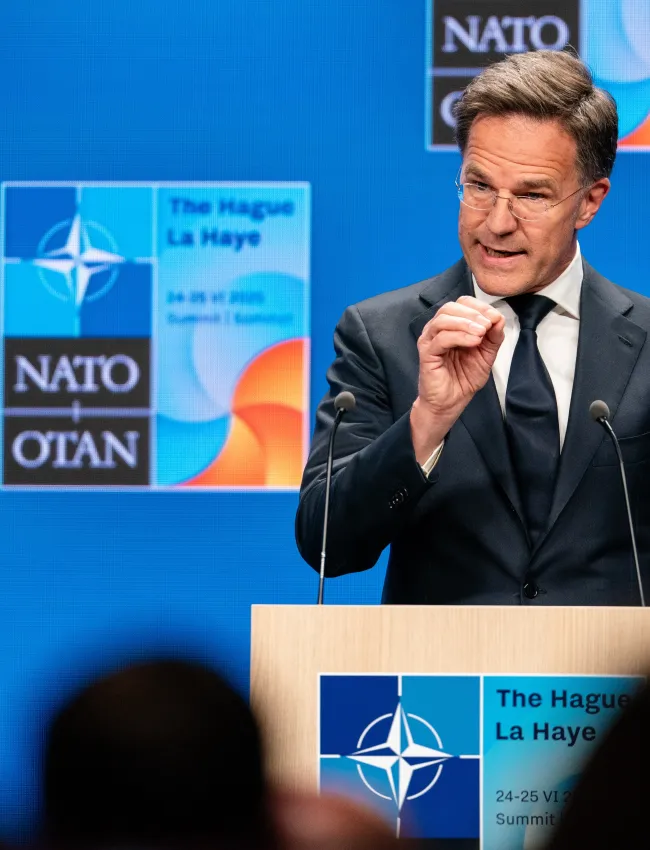 DEN HAAG, NETHERLANDS - JUNE 23 2025: NATO Secretary General Mark Rutte gestures during the NATO Summit 2025 Secretary General's Pre-Summit Press Conference at the World Forum