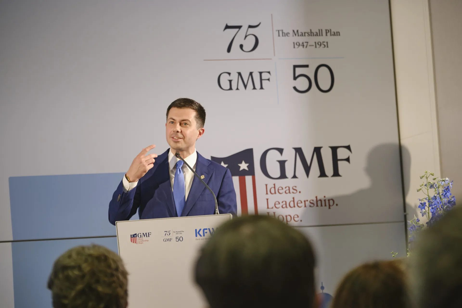 U.S. Secretary of Transportation Pete Buttigieg speaks in Berlin at GMF's anniversary event. 