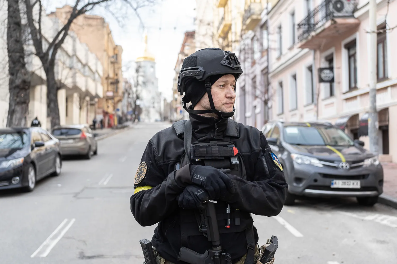 Portrait of Andrii Khlyvniuk, frontman of the ‘Boombox’ music band, who joined a special patrol police unit in the centre of the capital. Kyiv. 4 March, 2022