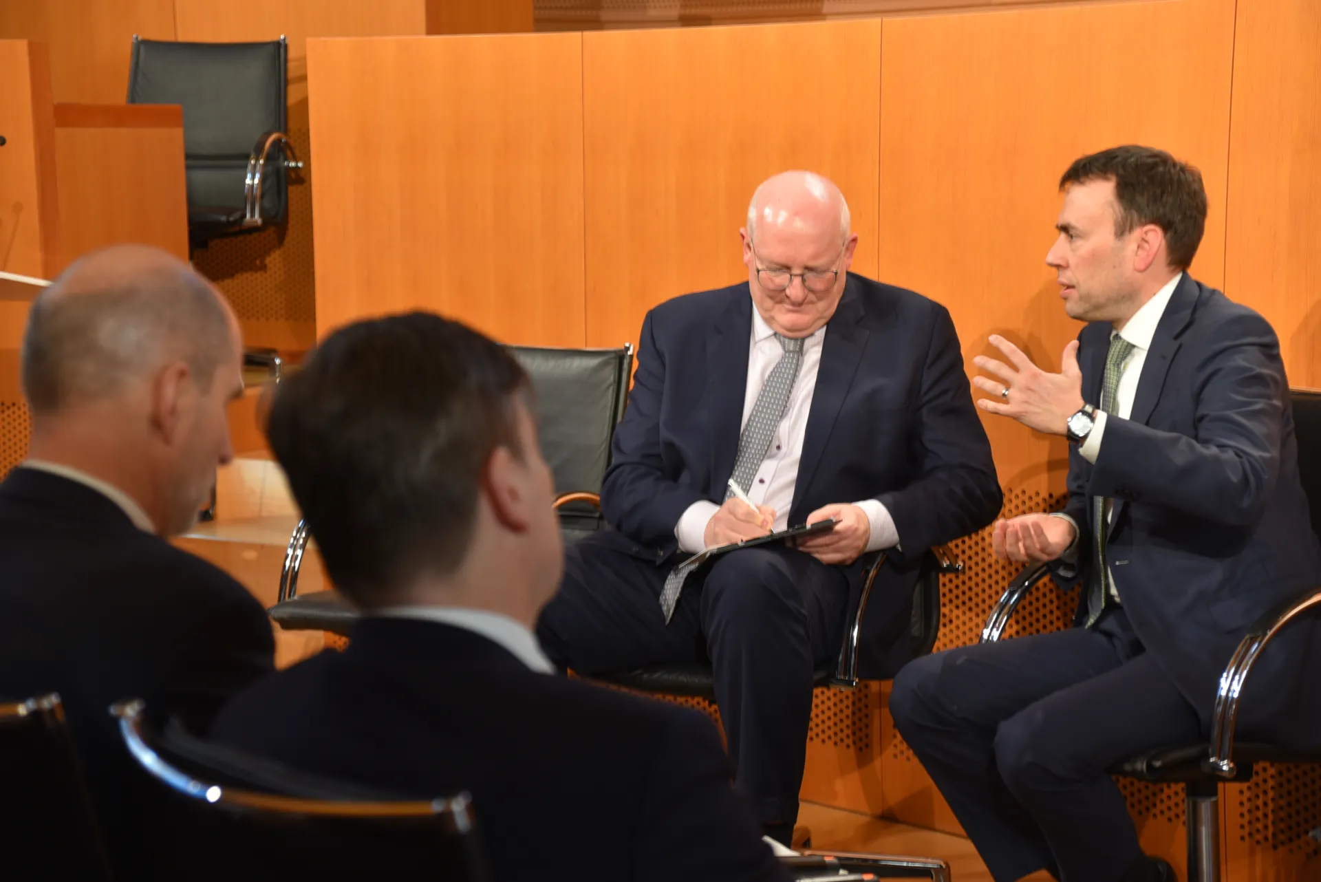 Thomas Kleine-Brockhoff and Nils Schmid discussing at anniversary conference in Berlin, March 2023