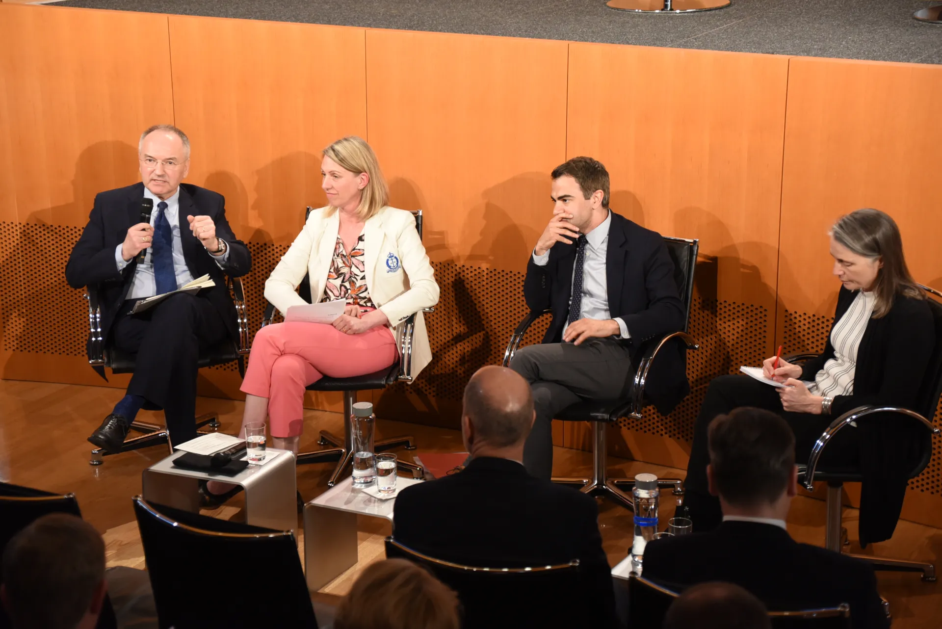 Andrew Michta, Tjorven Bellmann, Stephen Wertheim and Fiona Hill discussing at anniversary conference in Berlin, March 2023